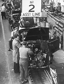 Early Morris Minor assembly, of the MM model (1948 to 1953)